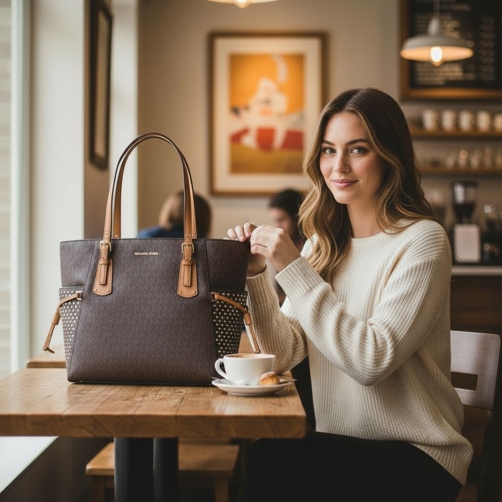 Michael by Michael Kors Voyager Small Logo Tote 2‑Tone Brown Star Side Pockets - Picture 7 of 16